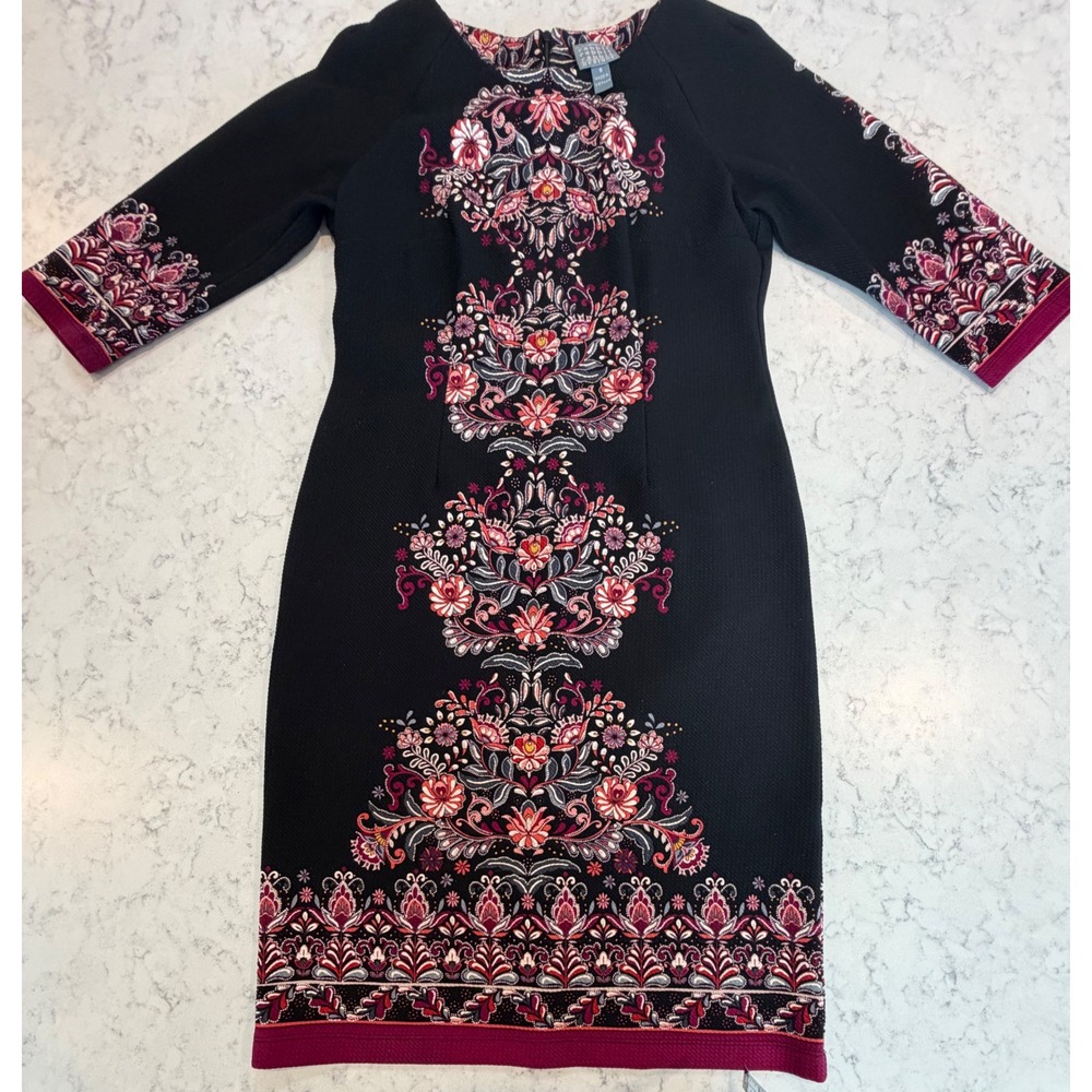Rabbit Rabbit  Designs Black Floral Medallion Sheath Dress 3/4 Sleeve Size 8